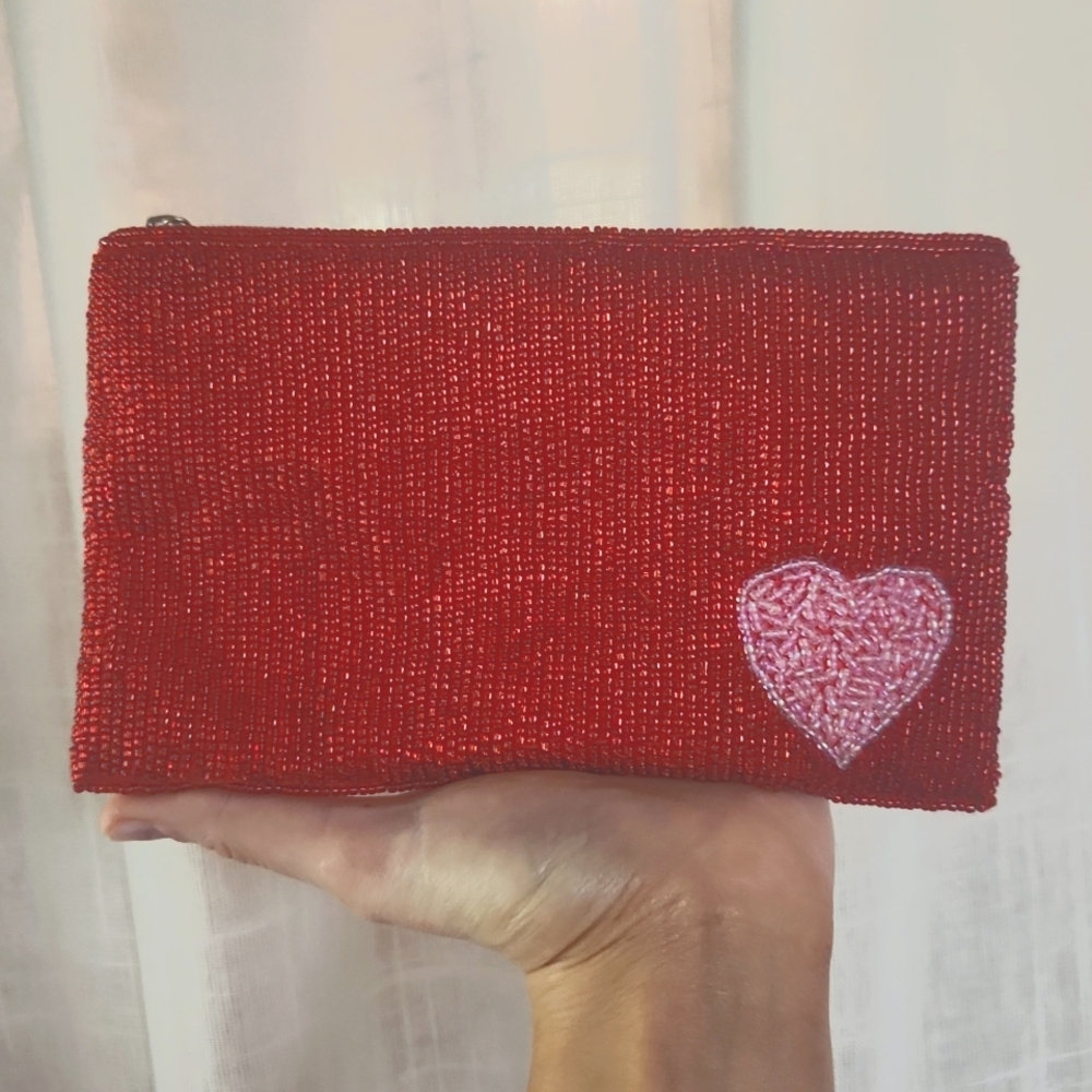 Pink Heart Red Beaded Valentines Clutch